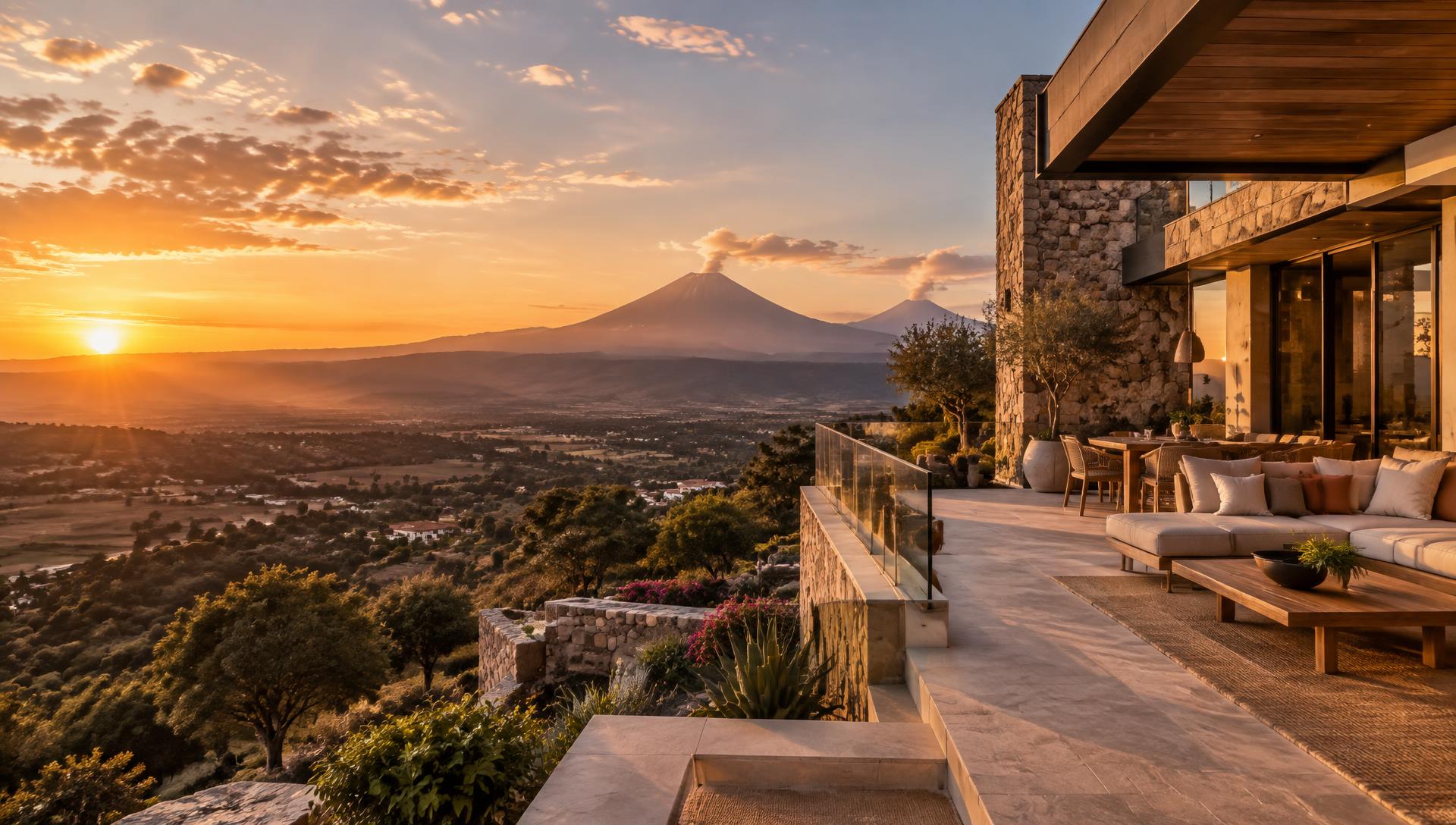 Valle montañoso iluminado al atardecer